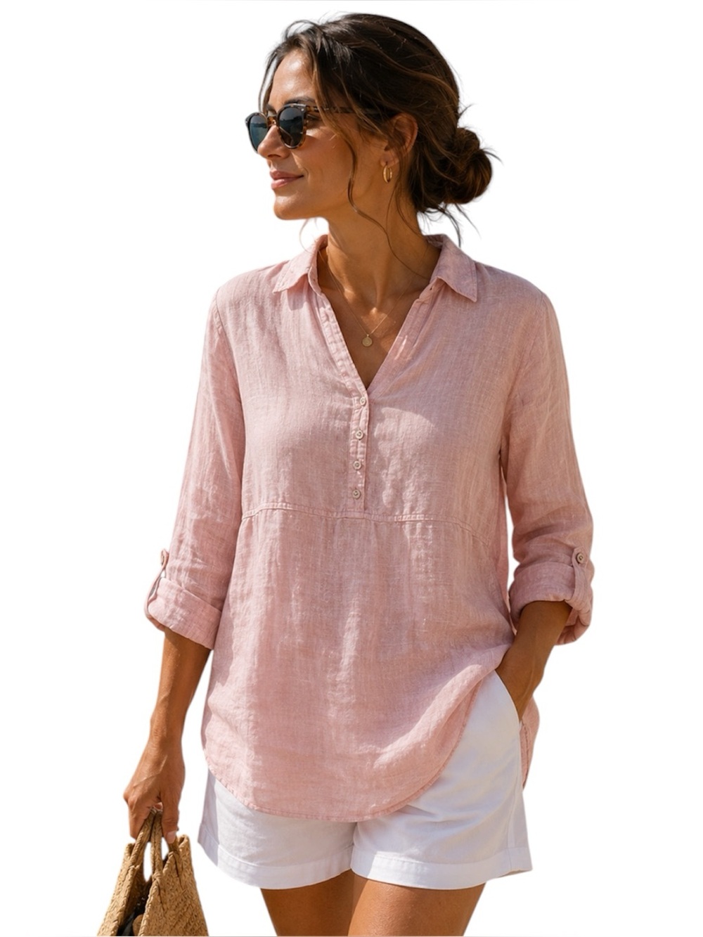 Sigrid Olsen Linen Popover Top Roll Tab Sleeve Women's L Pink Coastal Resortwear